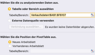 Screenshot einer Tabelle in Excel mit der Option, um eine Pivot-Tabelle zu erstellen. 