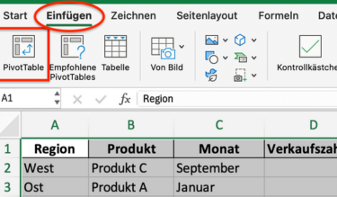 Screenshot einer Tabelle in Excel mit der Option, um eine Pivot-Tabelle zu erstellen. 